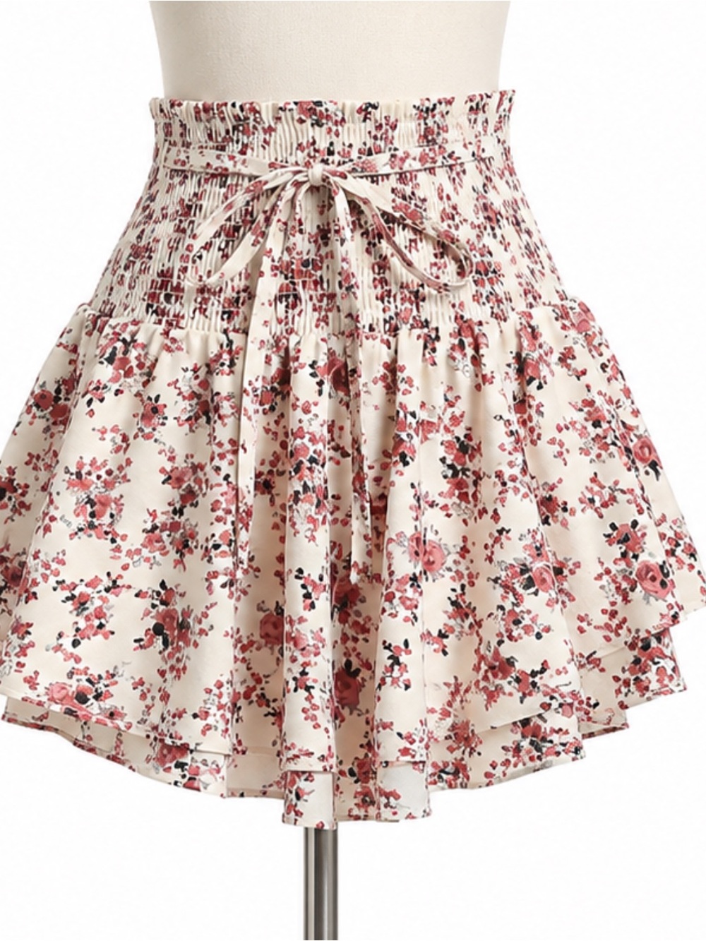 Floral Smocked Waist Tiered Mini Skirt - skort Cream with Pink Roses